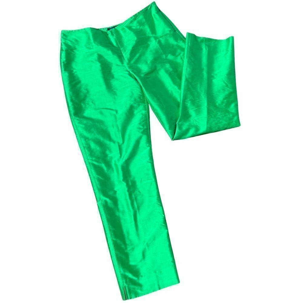 Vintage 1990s 100% Silk Neon Lime Green Ralph Lauren High Waist Crop Ankle Pants